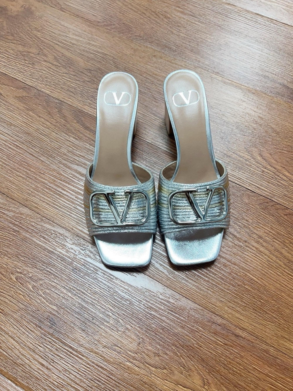 Valentino Silver Metallic V-Logo Slide Mules